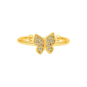Gold Butterfly Ring, Dainty Minimalist Butterfly Ring, 14k Gold CZ Ring, Gold Stacking Ring, Adjustable Gold Butterfly Ring