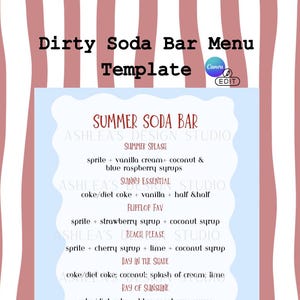 Sommartema Dirty Soda Bar-meny redigerbar i Canva digital nedladdning