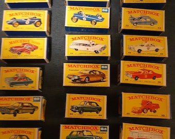 Set of 55 matchbox car boxes and 5 catalogues