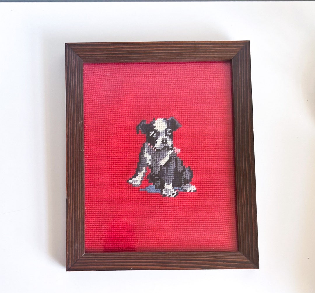 Vintage Dog Needlepoint Boxer Puppy on Red Background Etsy