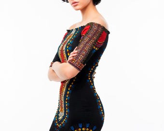 HANDGEFERTIGTES KLEID, elastisches Kleid, Schraffiertes Taillenkleid, kurzes Kleid, Baumwollkleid, Stammeskleid, Afrokleid