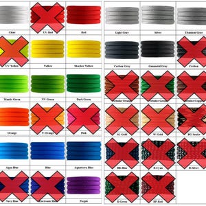 May include: A color chart showing a variety of colors of paracord, including black, white, red, green, blue, and orange. The chart is divided into rows and columns, with each color represented by a sample of paracord. The chart also includes the text "New Colors Coming".