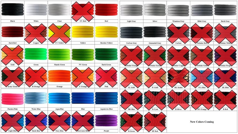 May include: A color chart showing a variety of colors of paracord, including black, white, red, green, blue, and orange. The chart is divided into rows and columns, with each color represented by a sample of paracord. The chart also includes the text "New Colors Coming".