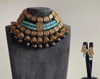 Blue and Dull Gold Kundan statement necklace choker and earrings jewellery set