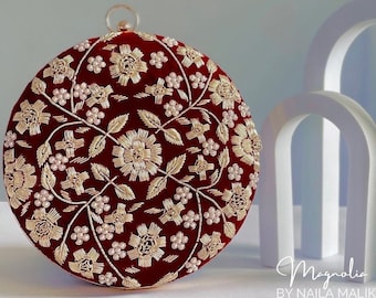 Bridal red round clutch bag embellished Maroon velvet | Pre Order