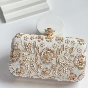 Embroidered rectangle clutch with flower clasp bridal bridesmaids gift in white colour Handbag Handmade, READY TO SHIP image 1