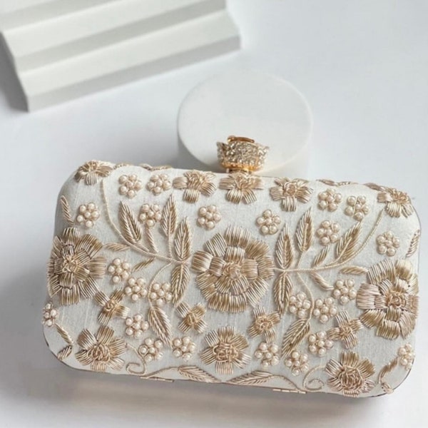 Embroidered rectangle clutch with flower clasp bridal bridesmaids gift in white colour Handbag Handmade, READY TO SHIP