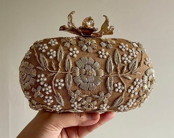 Gold Floral Embroidered Clutch bag | Handmade clutch purse | Gift Ideas for her