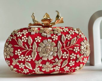 RED Statement Bridal Rose Clutch| embroidered clutch bag purse with flower clasp | Wedding gift