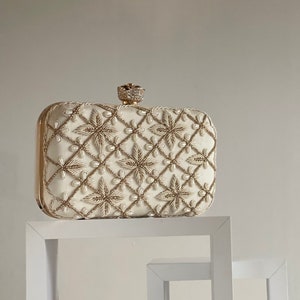Cream Embroidered rectangle clutch bag with flower clasp bridal bridesmaids gift | Diwali Gift |Made to order