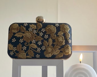 Embroidered black clutch bag for wedding parties | Gold embroidery