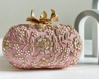 Pink Floral embroidered  clutch bag with flower clasp, |bridal gift| Gift for her PRE ORDER