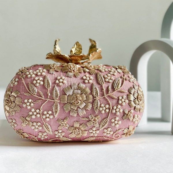 Pink Floral embroidered  clutch bag with flower clasp, |bridal gift| Gift for her PRE ORDER