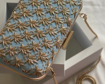 Light blue and gold embroidered clutch bag | Wedding purse