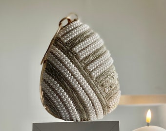 Pearl White Almond Shaped Clutch Bag with Wristlet Ring | Ready to Ship