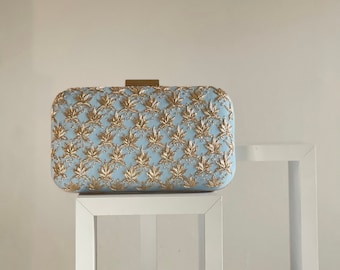 Light blue and gold embroidered clutch bag | Wedding purse