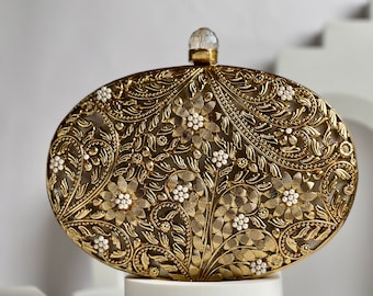 Gold Motif Oval Clutch Bag Mother of Pearl | Wedding Evening Purse | IN STOCK