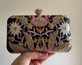 Embroidered blue and multicoloured embellishment bridal clutch bag