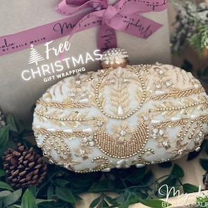 White embellished embroidered off white velvet clutch bag | evening purse | PRE ORDER