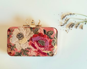 Floral Printed Silk Clutch | Embellished Evening Bag with Floral Clasp | PRE ORDER