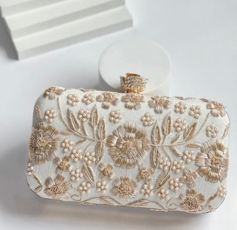 Embroidered rectangle clutch with flower clasp bridal bridesmaids gift in white colour Handbag Handmade, READY TO SHIP image 1