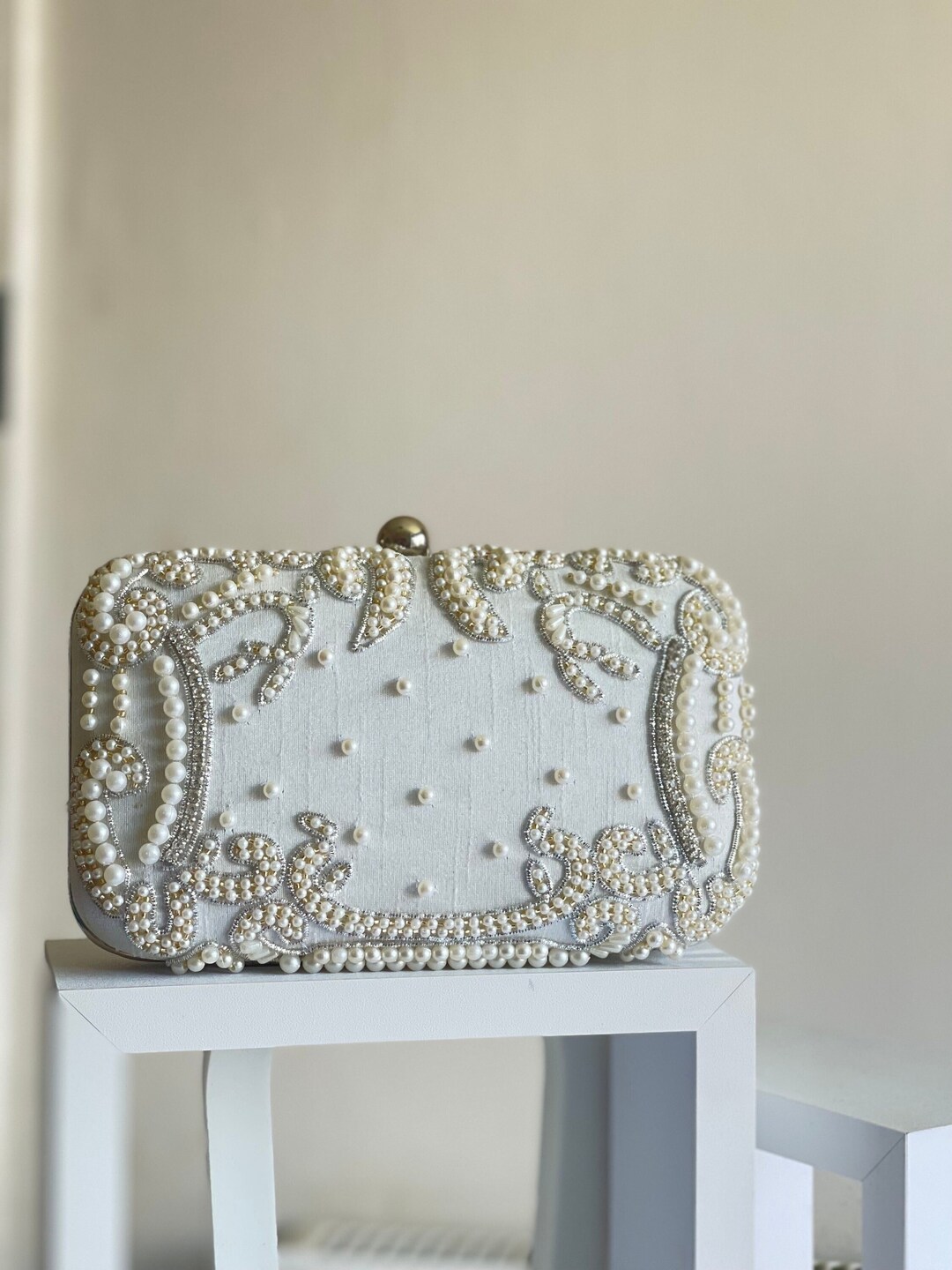 White Clutch Bag for Wedding Embroidered Classy Pearl Clutch Bag Bridal