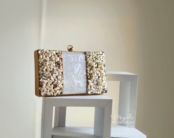 Silver and Gold Embellished Baroque Pearls Evening Clutch Purse