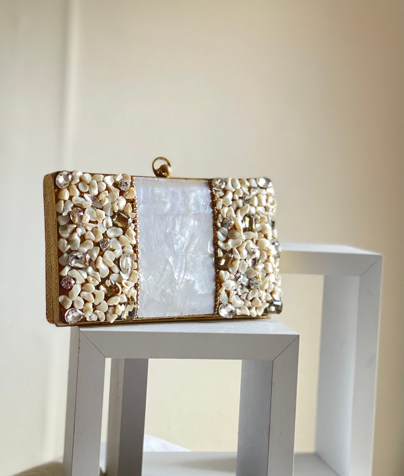 Silver and Gold Embellished Baroque Pearls Evening Clutch Purse image 9