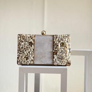 Silver and Gold Embellished Baroque Pearls Evening Clutch Purse image 2
