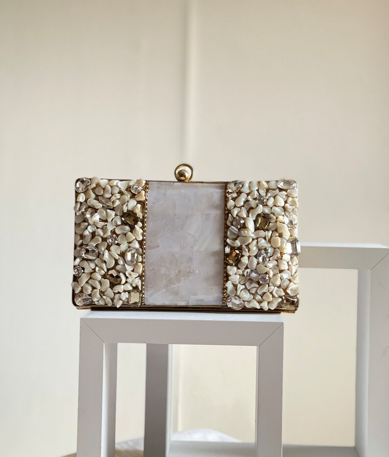 Silver and Gold Embellished Baroque Pearls Evening Clutch Purse image 2