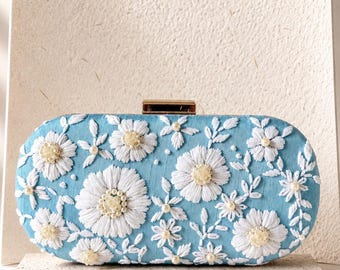 Himmel Blau Floral Bestickte Clutch Tasche, Perlen Perlen Abend Clutch, Sommer Hochzeit Gästetasche, Gartenparty Minaudiere