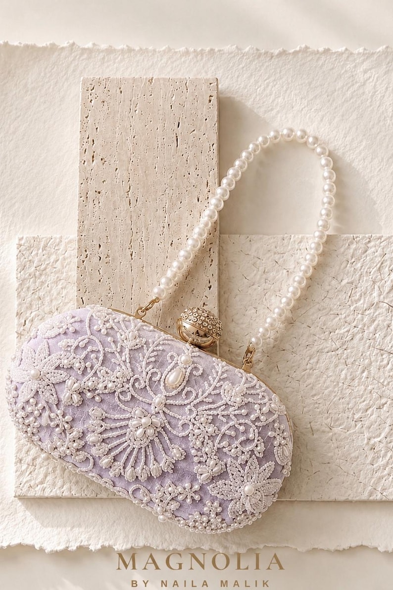 Purple clutches and evening bags - Lilac pearl minaudiere evening bag