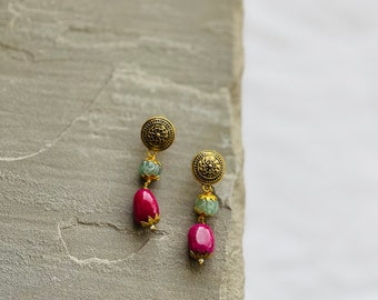 Vintage Inspired Earrings Gold Beaded Stone