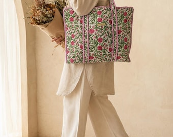 Reisetaschen-Set mit floralem Blockdruck, gesteppte Baumwolltasche mit Reißverschluss, handgefertigte Übernachtungstasche, Geschenk für Sie