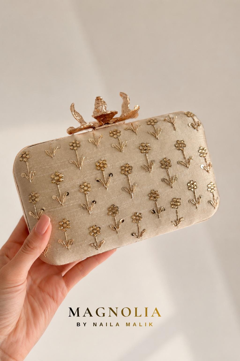 Champagne Gold Wedding Clutch, Embellished Floral Bag, Formal Evening Purse, Indian Wedding Clutch, Gift for Her PRE ORDER