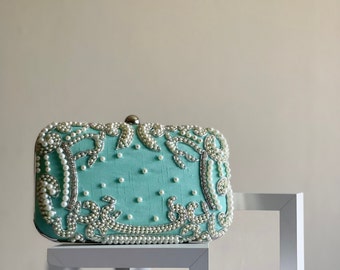Turquoise blue rectangle embroidered clutch bag