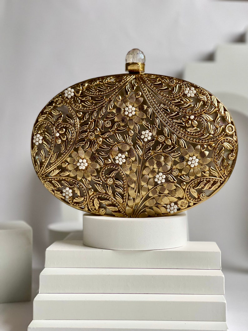 Gold Motif Oval Clutch Bag Mother of Pearl | Wedding Evening Purse | READY TO SHIP image 1