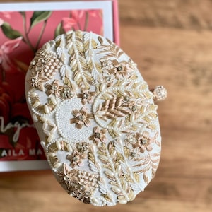 White Embroidered and Embellished Oval Silk Clutch Bag | MADE TO ORDER