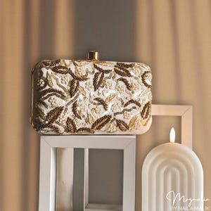 White Embroidered and Embellished Rectangle Silk Clutch Bag | PRE ORDER