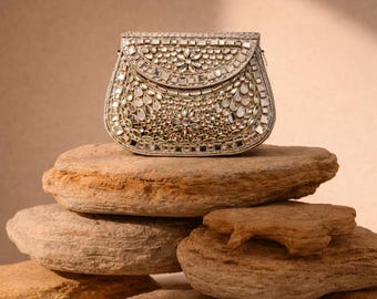 Kundan Work Silver and Gold Mini Minaudiere Clutch Purse Formal Event Party Accessories Fashion Bag | PRE ORDER