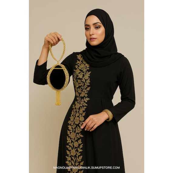 Velvet Black Brass Potli Bag Round Clutch Purse | Gold Hangings | Unique Statement Bag