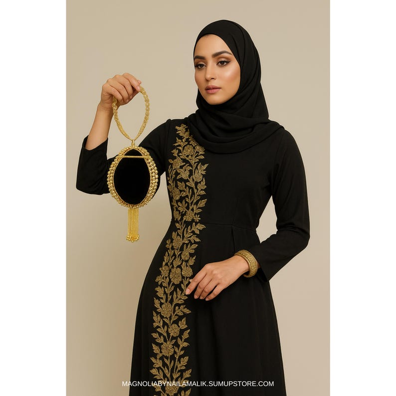 Velvet Black Brass Potli Bag Round Clutch Purse | Gold Hangings | Unique Statement Bag image 2