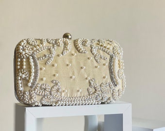 Pearl Wedding Clutch Bag Cream Embroidered | Bridal Gift for her