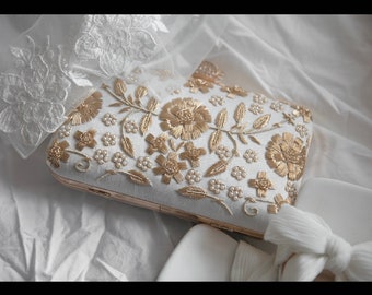 Embroidered rectangle clutch with flower clasp bridal bridesmaids gift in white colour Handbag Handmade, READY TO SHIP