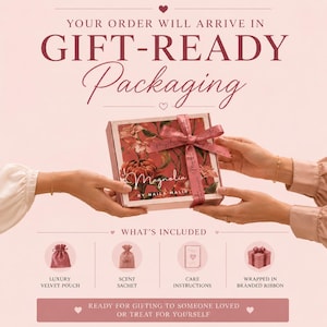 May include: A square gift box with a floral pattern in shades of red and green, tied with a branded pink ribbon. The text reads YOUR ORDER WILL ARRIVE IN GIFT-READY PACKAGING, Magnolia BY NAILA MALIK, WHAT'S INCLUDED, and READY FOR GIFTING.
