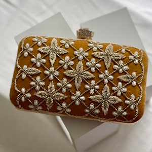 Embroidered rectangle gold clutch bag with flower clasp bridal bridesmaids gift | Gift box included