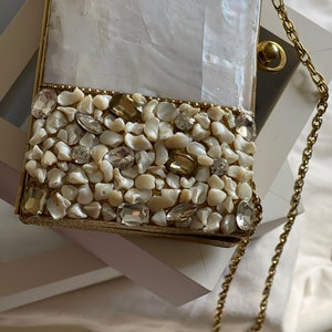 Silver and Gold Embellished Baroque Pearls Evening Clutch Purse image 8