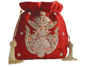 Red Potli bag Bridal Embellished with drawstring closure | Pre Order