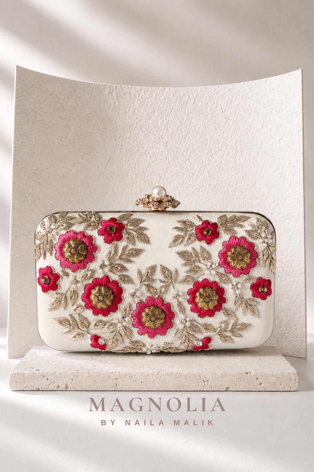 Soft Ivory Pearl Bridal Clutch Bag, Pink Floral Embroidered Wedding Purse, Dabka Zardozi Handcrafted Pearl Clasp Evening Bag PRE ORDER