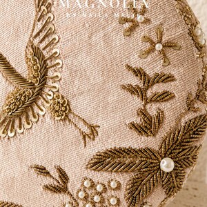 Crane Embroidered Gold Soft Pink Clutch Bag, Blush Velvet Round Minaudière, Statement Ring Handle Purse, Luxury Evening Bag | PRE ORDER image 8
